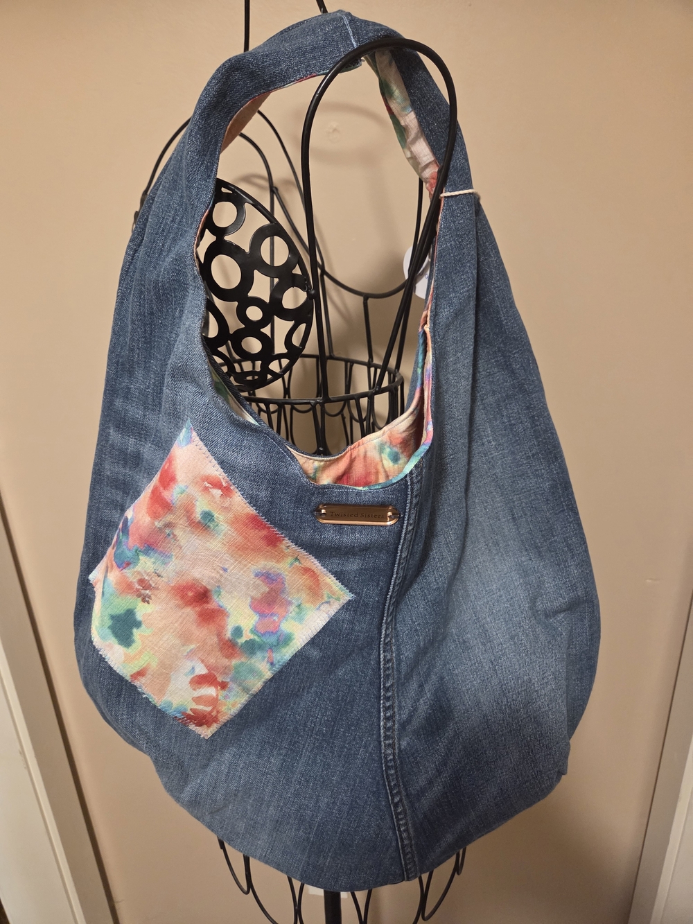 Denim Hobo Bag with Watercolor Accent - Blue